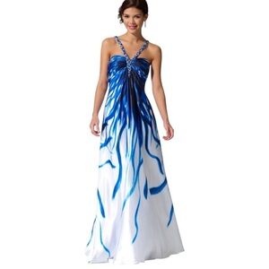 Cache Y2K Blue/White Jeweled Neckline Evening Prom Formal Satin Gown 4